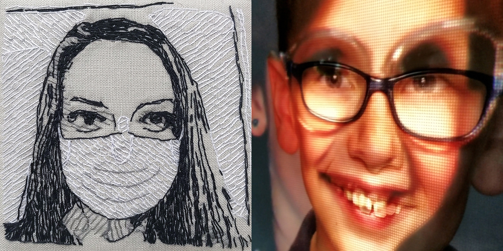 embroidered portrait of Christine A. Holtz wearing face mask and superimposed portrait of Jessica Witte and child