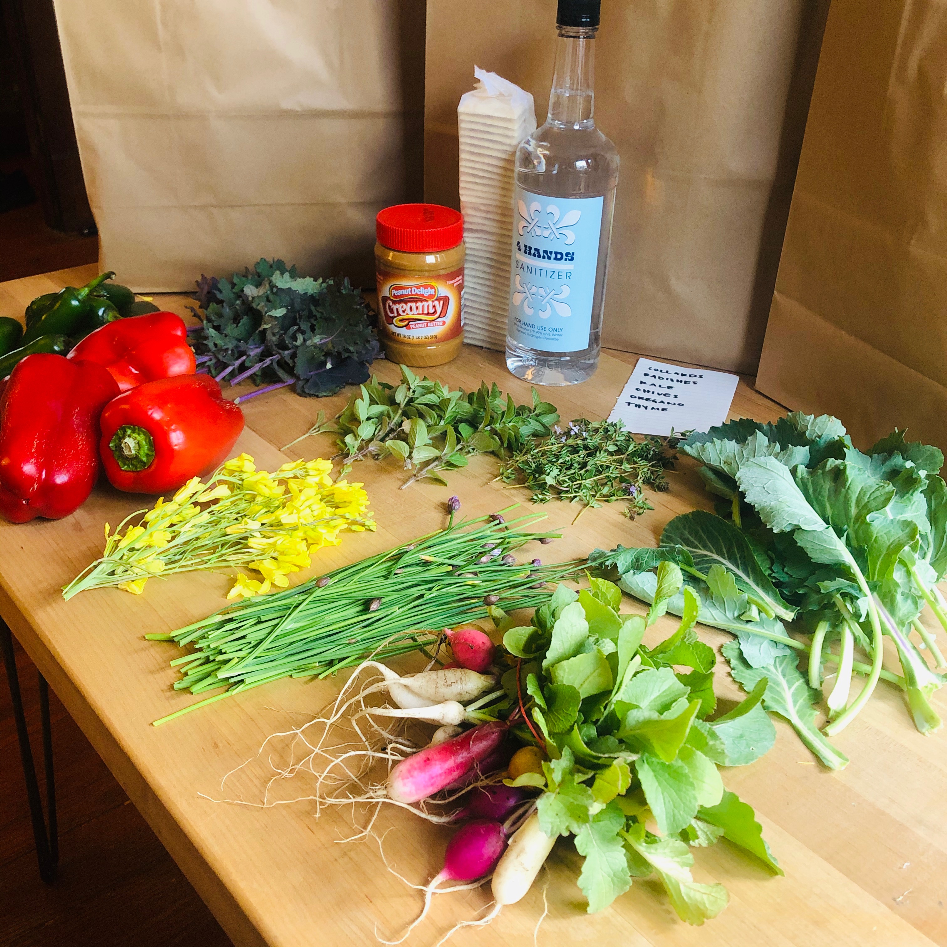 Donation bags of fresh produce from Sally's Rooftop Garden