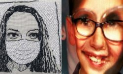 Holtz-Witte-artwork embroidered portrait of Christine A. Holtz wearing face mask and superimposed portrait of Jessica Witte and child